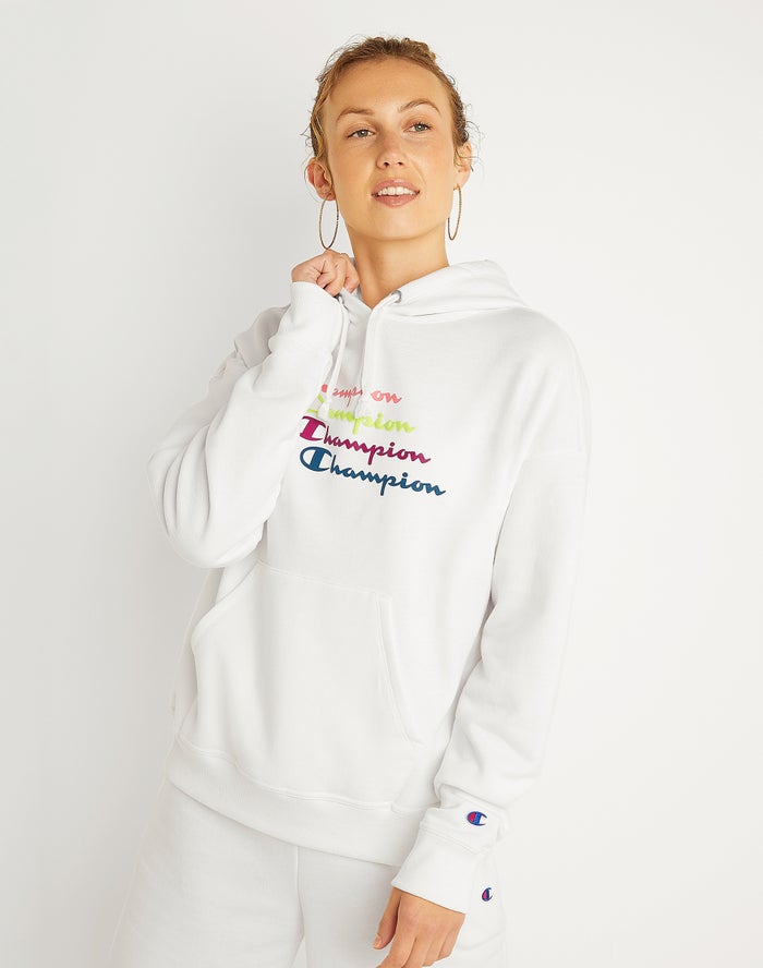 Champion Hoodie Dames - Wit - Powerblend Fleece Relaxed Stacked Scripts Logo ( 187964-UZG )